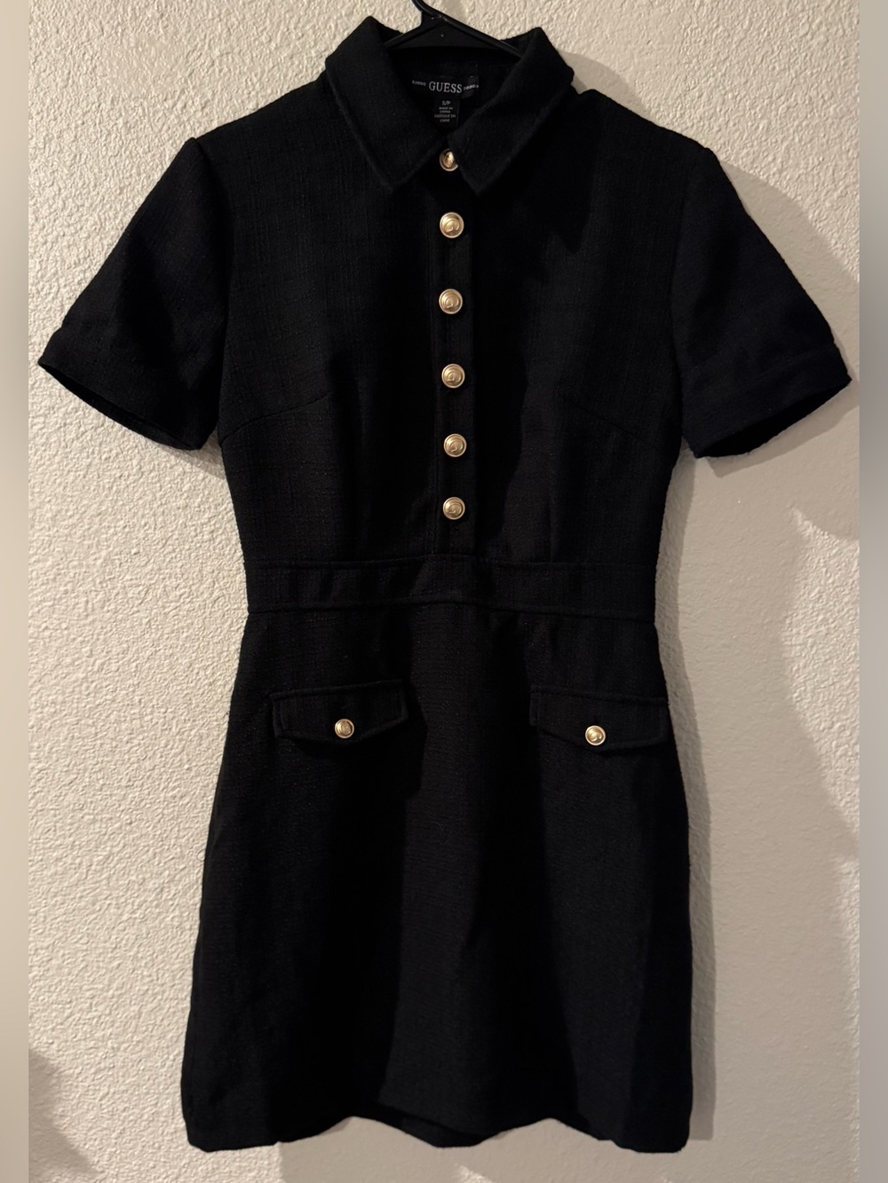 NWT GUESS Black Short-Sleeve Collared Dress with Gold Buttons